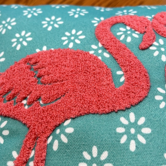 Aqua fabric pillow with hook and loop flamingo decoration. - Picture 3 of 7
